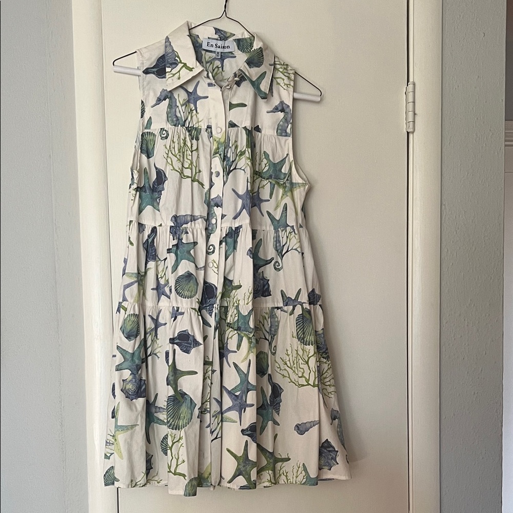 Anthropologie En Saison White Sleeveless Seashell Print Dress